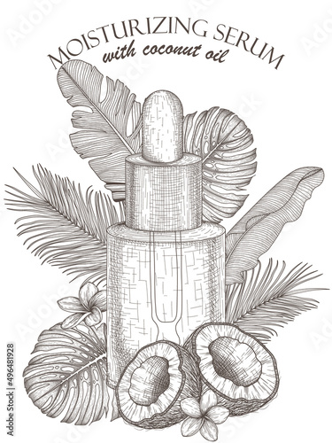 Vector banner template in engraving style. Graphic cosmetic glass jar of serum with pipette with coconut. Against the background of linear tropical plants, palm and banana leaves, monstera, plumeria