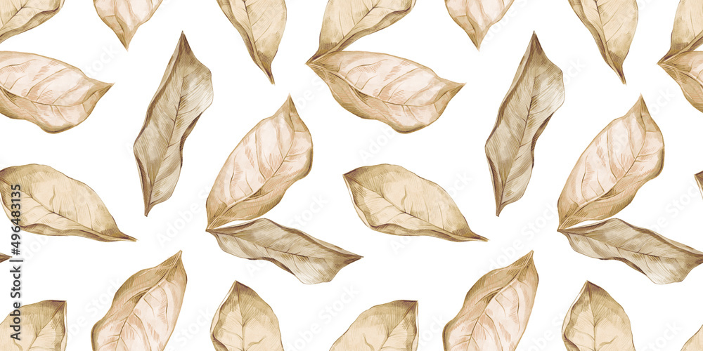 Watercolor hand drawn autumn seamless pattern with illustration of brown and yellow dry leaves. Vintage realistic collection isolated on white background.