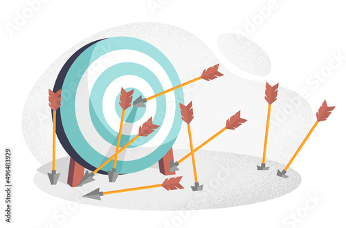 Inaccurate attempts concept. Arrows near target, metaphor for setting goals. Leadership and motivation. Mistakes and failures, suboptimal path, person missed hitting. Cartoon flat vector illustration