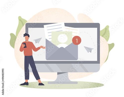 Marketing on internet. Guy sends out letters to companys customers, promoting goods. Marketing department, SMM specialist at work. Information about special offers. Cartoon flat vector illustration