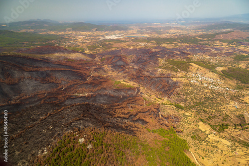 Trees burnt in forest fires of July 2021 in Marmaris resort town of Turkey from helicopter