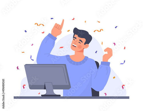 Winner man at computer. User with confetti, special offer for customers, drawing prizes and gifts. Successful employee, competition, motivation and leadership. Cartoon flat vector illustration