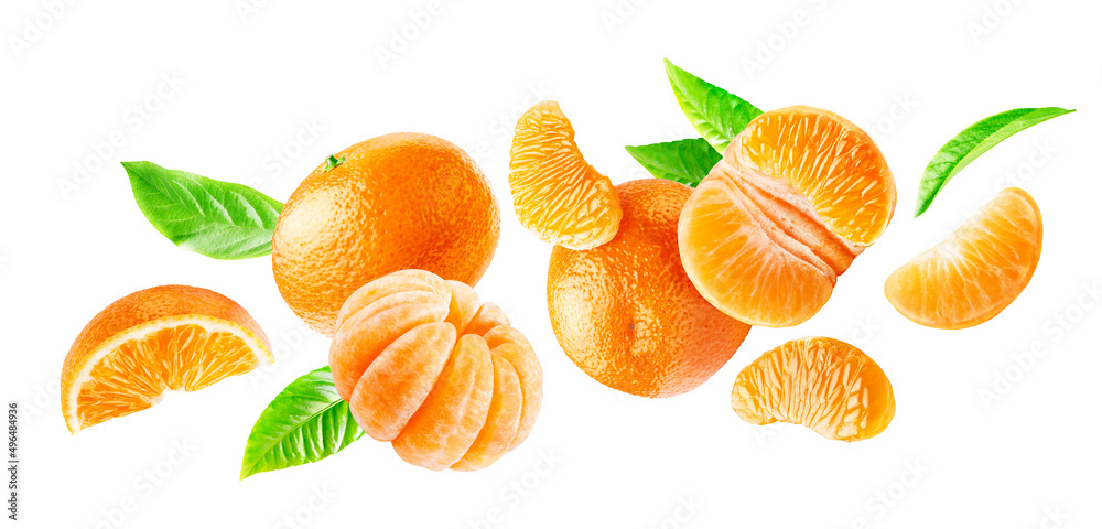 Group of flying ripe mandarins whole and peeled with leaves isolated on a white background. Group of flying ripe mandarins whole and peeled with leaves isolated on a white background.