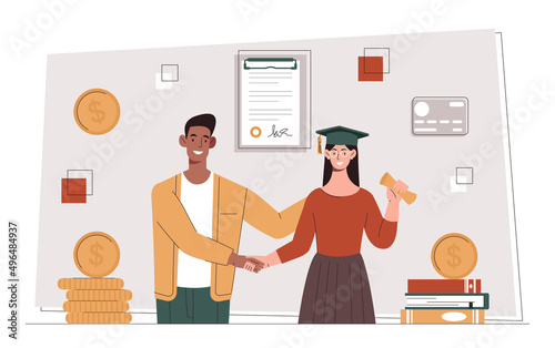 Education credit concept. Girl in graduate hat and with certificate in her hands. Online courses, improving professional skills. Financial literacy and information. Cartoon flat vector illustration