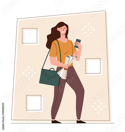 Female architect with smartphone. Girl carries list of plans, construction and design of houses and buildings. Urban landscape, urbanization and creative person. Cartoon flat vector illustration