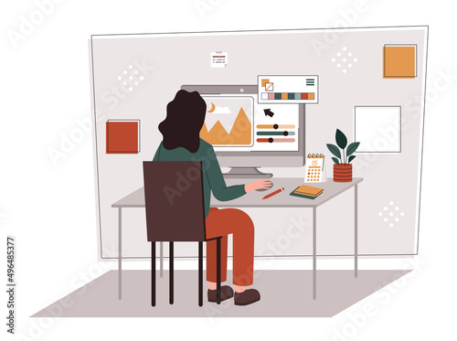 Graphic designer concept. Girl sits by computer and creates graphic elements for site. Pictures and images. Freelancer or remote employee, coworking and outsourcing. Cartoon flat vector illustration