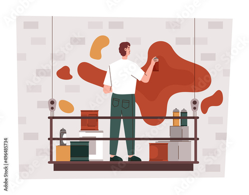 Mural painter concept. Man with paints and spray cans creates beautiful pictures on houses. Young designer, hooliganism and crime, creative personality outdoor. Cartoon flat vector illustration