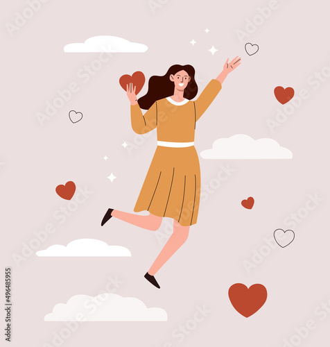 Woman in love. Young girl in heaven with heart. Romantic poster or banner, falling in love metaphor. Dream and imagination, happiness in sky with clouds, high jump. Cartoon flat vector illustration