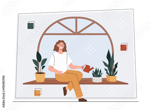 Woman on windowsill. Young girl with watering can near plants, love for nature and floristry. Gardener in apartment, household chores and routine, potted flower. Cartoon flat vector illustration