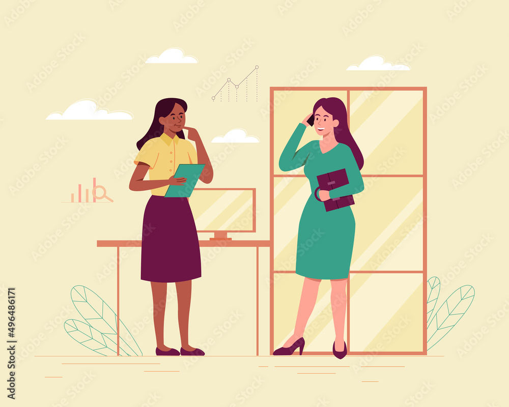 Business women concept. Girl talking on phone, boss discussing latest news with her subordinate. Entrepreneur in office, busy character, successful negotiations. Cartoon flat vector illustration