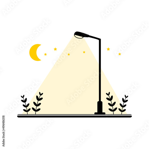 Streetlight lamp poles illumination at night time in the park with moon stars on white background flat icon vector design.