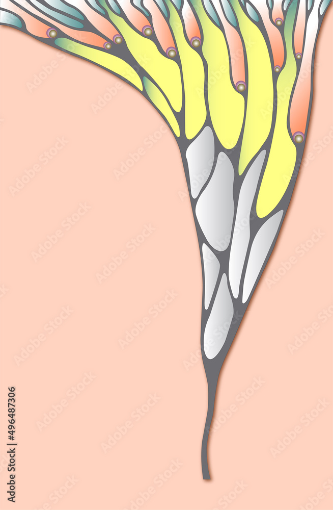 Abstract fantastic illustration of feather, plant. 3d fantastic object. Pastel shades.