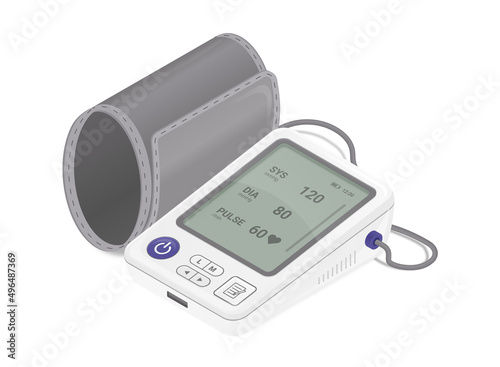 Medical realistic tonometr. Pulse pressure measuring device, regular check and health care. Diagnosis and choice of treatment. Medical equipment and healthcare. Isometric vector illustration