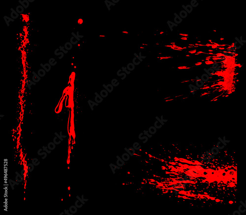 Overlay the blood effect. A collection of blood isolated on a black background. Blood elements as decoration to the design. Horror props