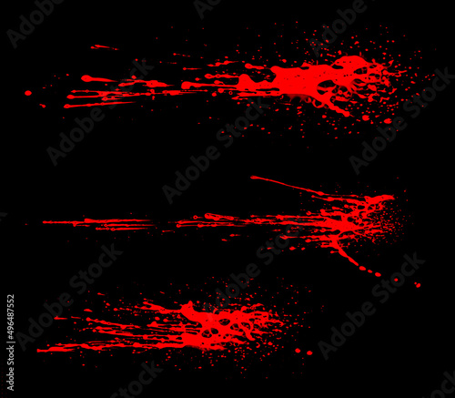 Overlay the blood effect. A collection of blood isolated on a black background. Blood elements as decoration to the design. Horror props