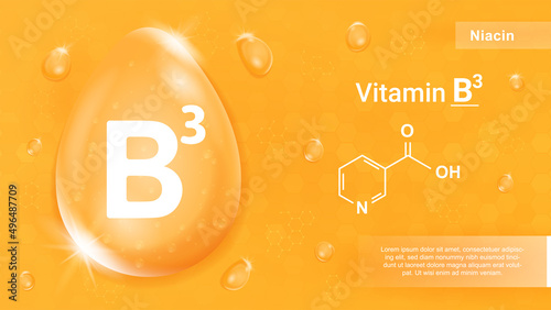 Vitamin B3 orange. Medical poster with chemical formula. Sports supplements for fitness, trace elements for body. Health care and proper nutrition, isometric drop. Cartoon vector illustration photo