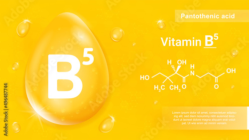 Vitamin B5 yellow. Chemical formula of useful macronutrients. Health care and special food supplements. Organic and natural products, vegetarian diet, isometric drop. Cartoon vector illustration