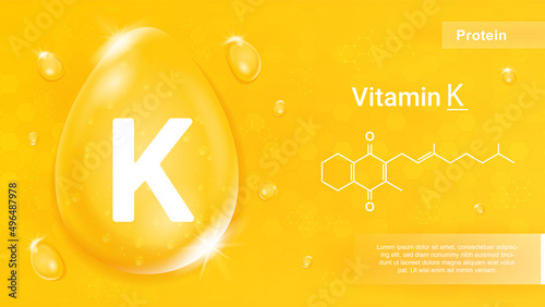 Vitamin K yellow. Chemical formula of protein, supplements for gaining muscle mass. Sports, fitness and active lifestyle. Natural and organic products, isometric drop. Cartoon vector illustration