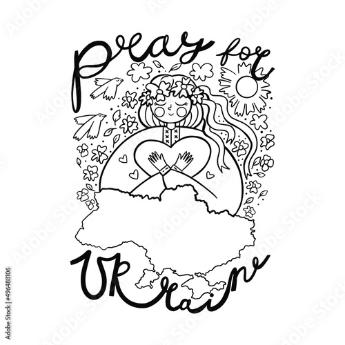 Pray for Ukraine vector illustration. Ukrainian woman with heart. 