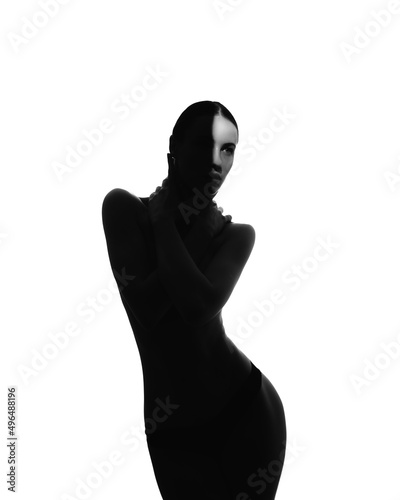 Back and white silhouette of female nude profile white background. Young Elegant Sexy Woman. Girl with naked body.