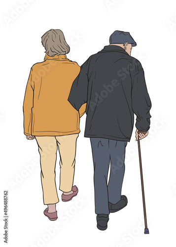 Multi colored vector illustrationn of an elderly couple in back view photo