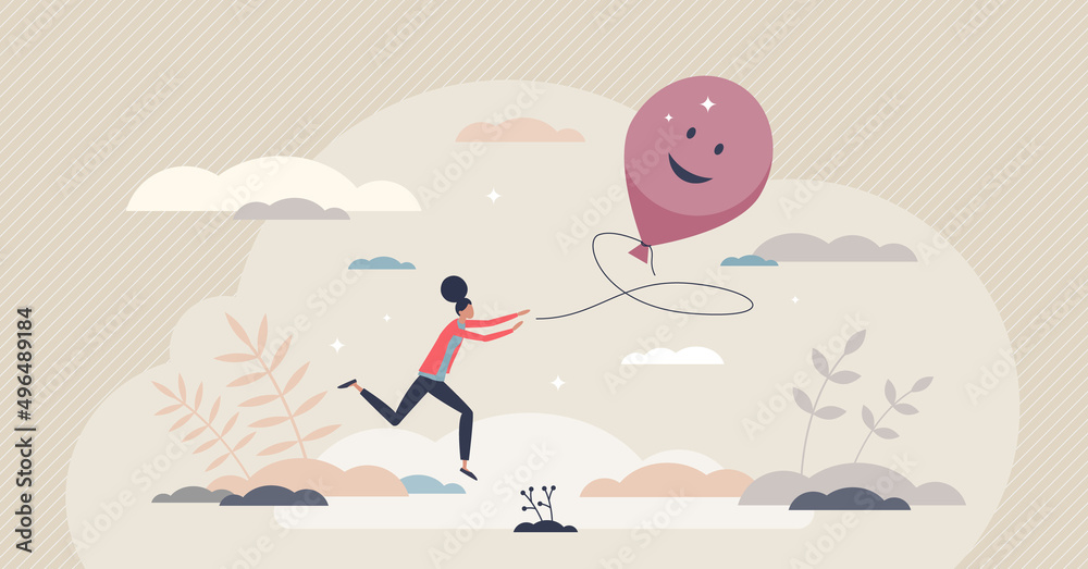 Happiness determination and female pursuit for happy times tiny person concept. Chase balloon of joy and optimistic positivity vector illustration. Never give up and be enthusiastic about future goals