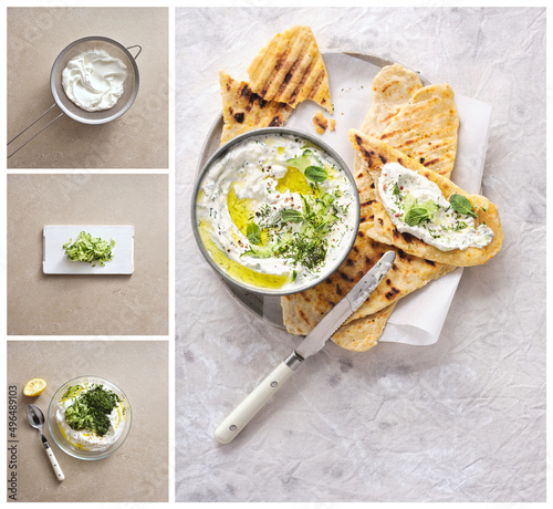 Fresh tzatziki recipe summer meal. Rich, creamy and full of fresh herbs, it's delicious on pita. Step by step recipe with final image. photo