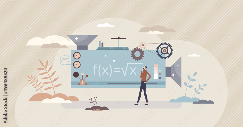Fototapeta premium Functions as mathematical equation automatic solution tiny person concept. Algebra calculations using geometry or science commands vector illustration. Process automation using data script technology.