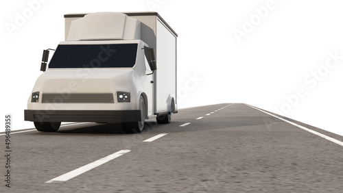 A freight car running on a straight road on a white background.,land transport business,3d rendering