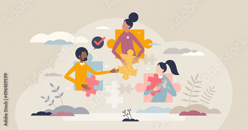 Team cooperation as business partnership or collaboration tiny person concept. Jigsaw puzzle as creative ideas in brainstorming for startup company vector illustration. Find solution in people synergy