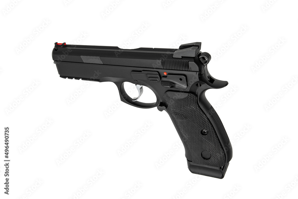 Modern semi-automatic pistol. A short-barreled weapon for self-defense. Arming the police, special units and the army. Isolate on a white back.