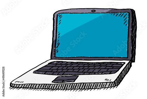 Hand drawn colorful doodle illustration of laptop on white background
