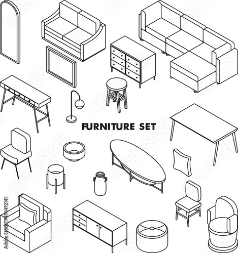 Minimal furniture set on white background, vector