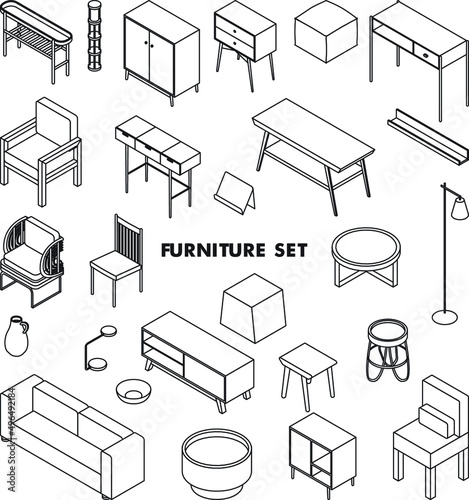 Minimal furniture set on white background, vector