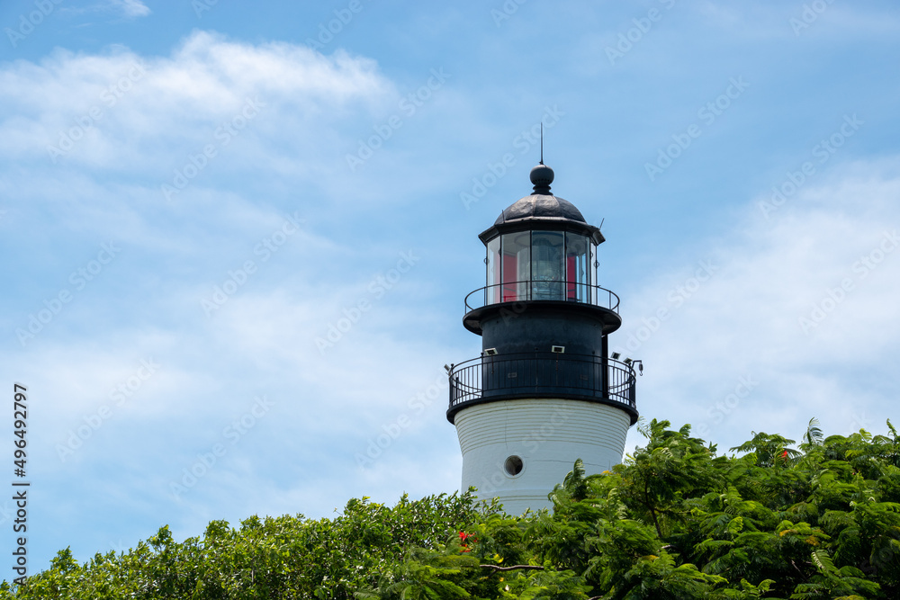 The Key West Light House peaking over a tree canopy