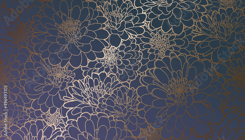 Golden metallic foiled contour chrysanthemum flowers on dark gradient purple blue green background. Decorative print for wallpaper, wrapping, textile, fabric, wedding invitation, greeting