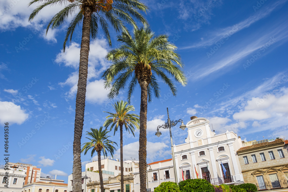 Palm trees on the central market square of historic city Merida, Spain
