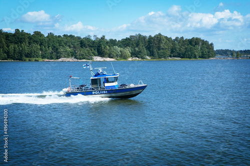 Finish Police patrol boat patrolling on the sea. 
