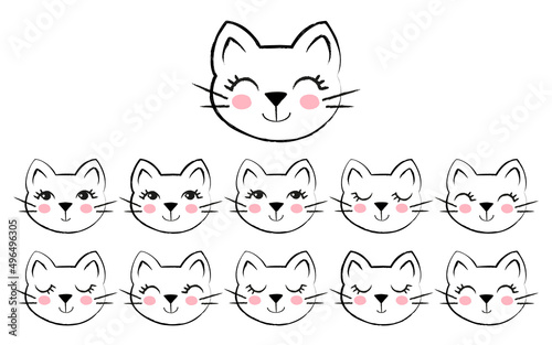 Collection with cute cats smiling faces. Kittens are hand-drawn with a pencil texture. A set of elements for various design and decoration of nursery rooms