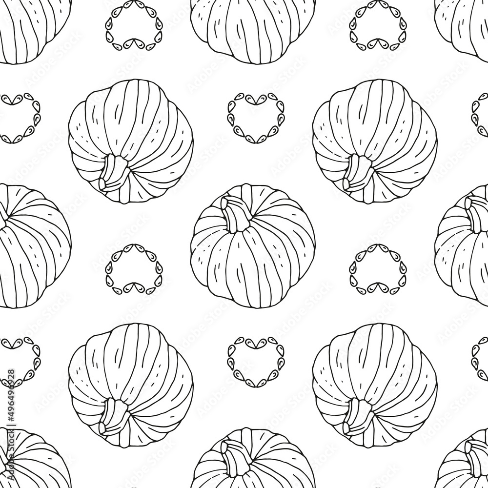 Seamless pattern with hand drawn monochrome black and white pumpkins. White background. Autumn digital paper.