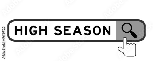 Search banner in word high season with hand over magnifier icon on white background