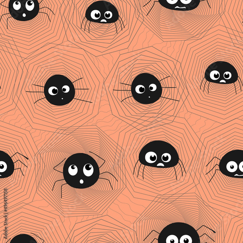 Seamless pattern, funny spiders with muzzles