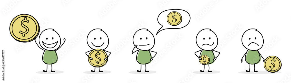Money saving concept with cartoon businessman. Icon set. Vector Money saving concept with cartoon businessman. Icon set. Vector