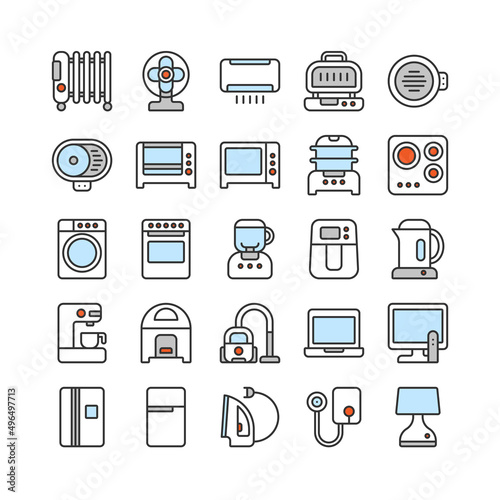 Electric household appliance vector icon set. Home machine and kitchen equipment, air fryer, oven, grill, stove, steamer. Sign symbol illustration in filled outline, flat line, pixel perfect 64x64.