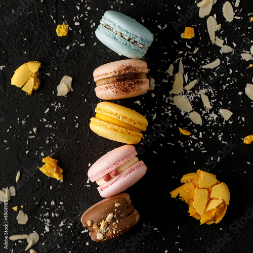 Macarons with black background.