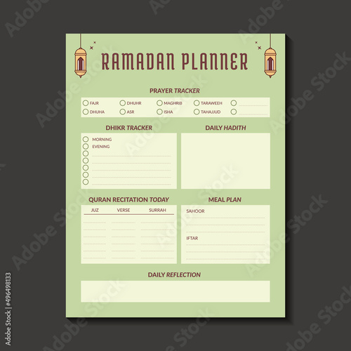 Ramadan Planner 1443 - 2022 with islamic decoration vector. Ramadan meal planner, salah tracker, Quran Recitation, and experience tracker journal template. Fasting and Ramadan activity tracker