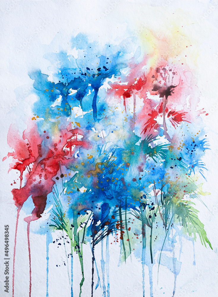 Beautiful abstract watercolor floral painting with white background and copyspace. Indian hand painted watercolor art created with watercolor paint and brushes.
