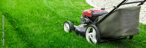 Fotografie Lawn mower cutting green grass in backyard, mowing lawn