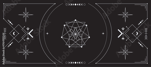 Celestial background with a copy space. Mystical poster with an ornate geometric frame, outline stars and moon phases. Esoteric backdrop