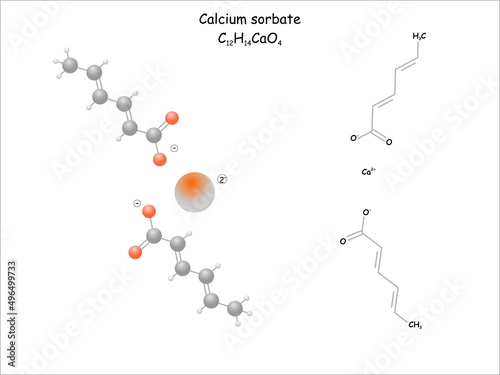 Stylized molecule model/structural formula of the food preservative calcium sorbate.